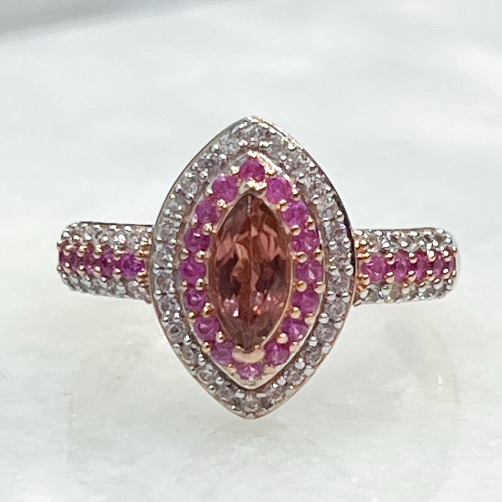Blush Tourmaline Multi Gemstone 18K Vermeil RG Sterling Silver Ring Sz 7